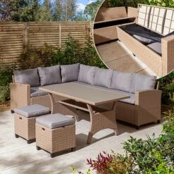 Rowlinson Garden Deluxe Rattan Corner Sofa Dining Set 8 Seat Oatmeal