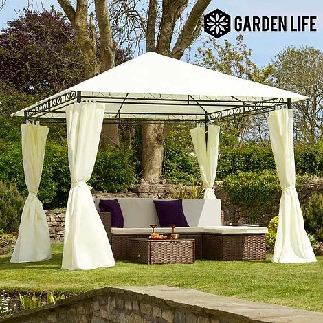 Garden Life 3x3m Metal Gazebo With Cream Roof And Curtains 1 Garden Life 3x3m Metal Gazebo With Cream Roof And Curtains