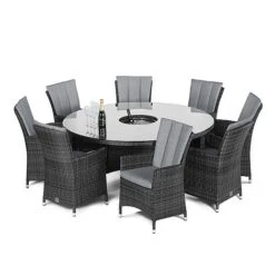 Maze Rattan LA Garden Dining Set Round With Ice Bucket 8 Seat -Green Haven Shop LA 8 Seat Round Ice Bucket grey flat weave white out 1SQ