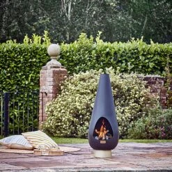 Outdoor Leo Fireplace In Matt Black/Antique Gold H120CM W46CM